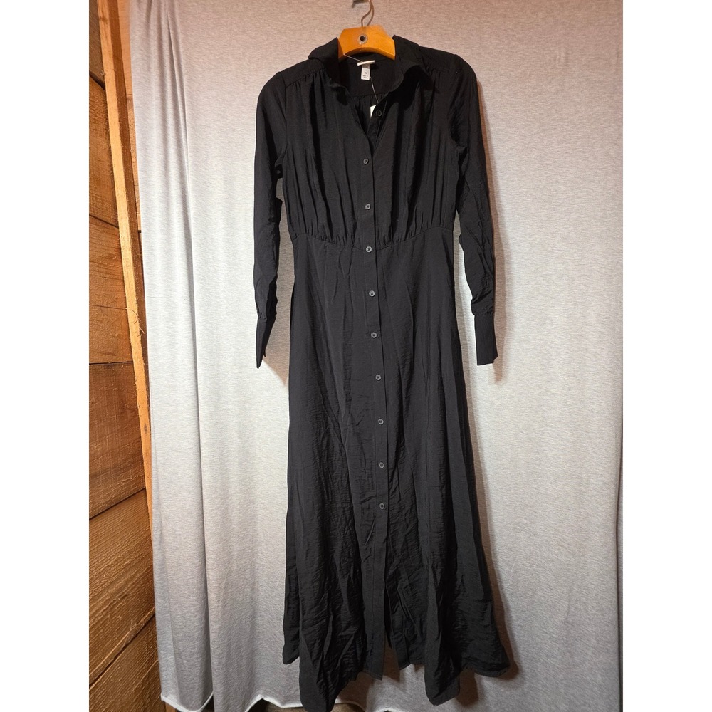 A New Day Womens Black Long Sleeve Button Down Midi Shirt Dress XS New with Tags